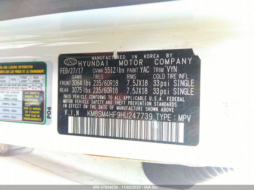 2017 HYUNDAI SANTA FE SE - KM8SM4HF9HU247739