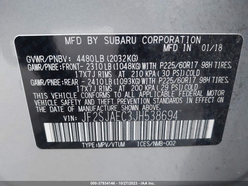 2018 SUBARU FORESTER 2.5I PREMIUM - JF2SJAEC3JH538694