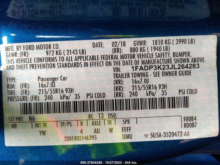 2018 FORD FOCUS SE - 1FADP3K23JL264283