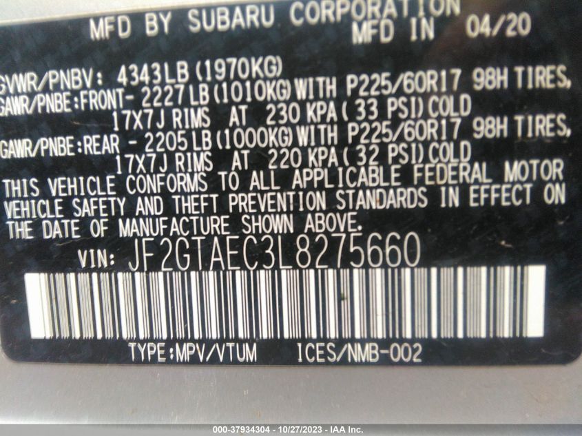 2020 SUBARU CROSSTREK PREMIUM - JF2GTAEC3L8275660