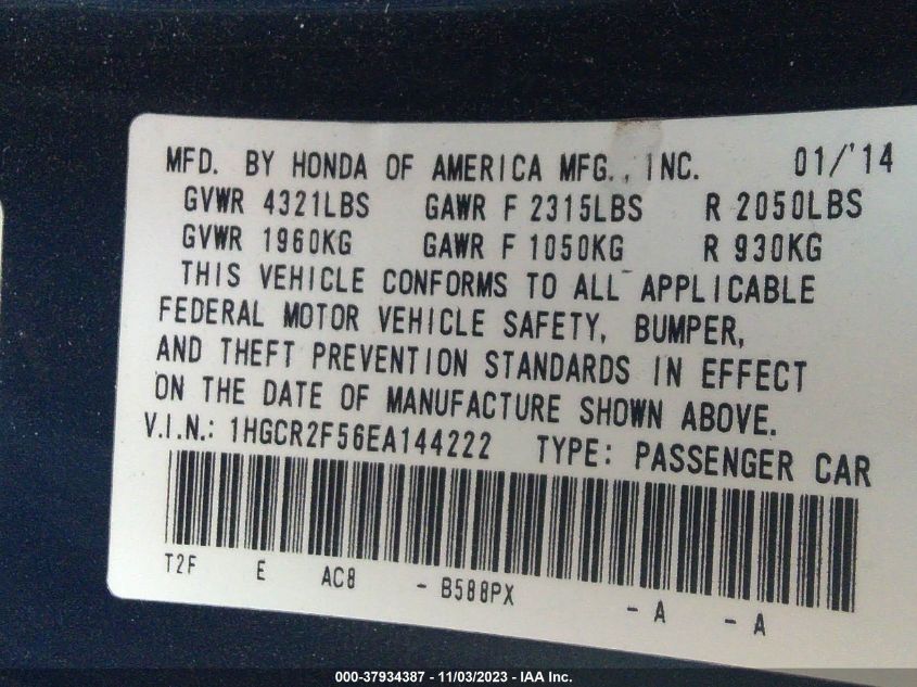 2014 HONDA ACCORD SEDAN SPORT - 1HGCR2F56EA144222