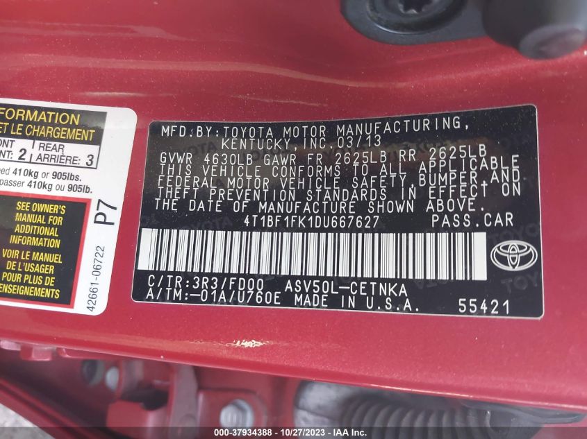 2013 TOYOTA CAMRY L/LE/SE/XLE - 4T1BF1FK1DU667627