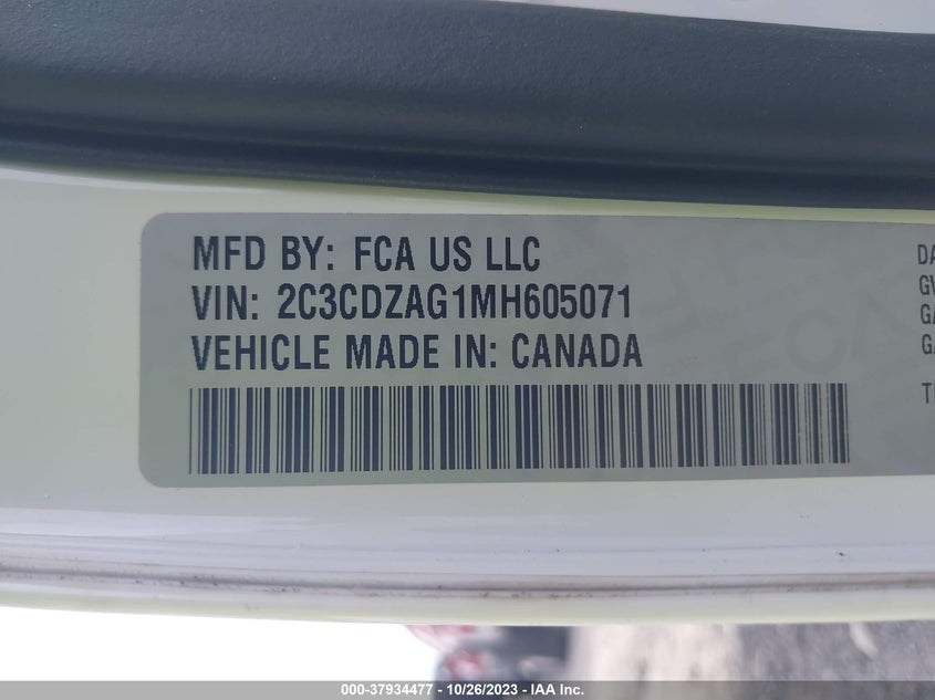 VIN 2C3CDZAG1MH605071 2021 DODGE CHALLENGER SXT