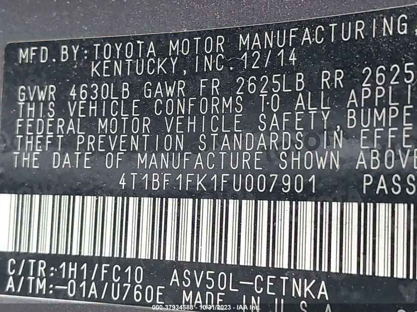 2015 TOYOTA CAMRY XLE/SE/LE/XSE - 4T1BF1FK1FU007901