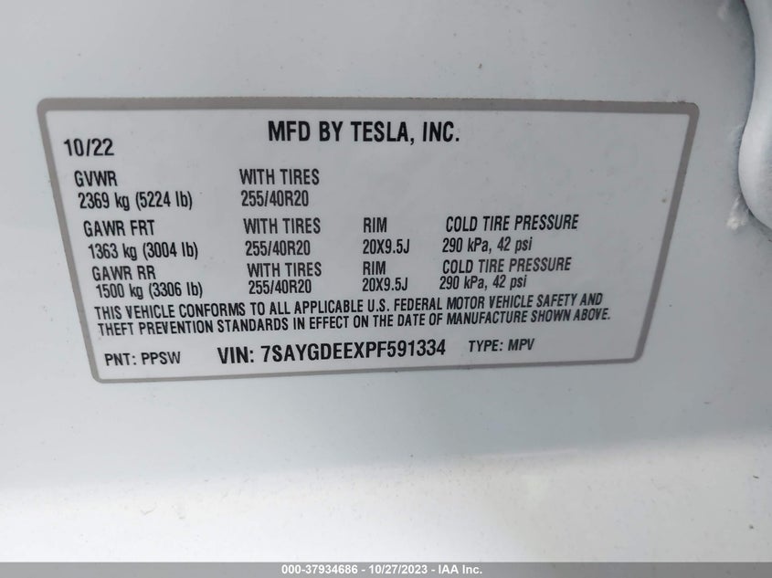 VIN 7SAYGDEEXPF591334 2023 TESLA MODEL Y