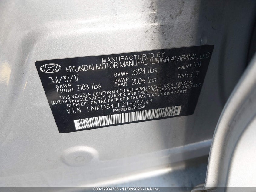 VIN 5NPD84LF2JH252144 2018 HYUNDAI ELANTRA LIMITED
