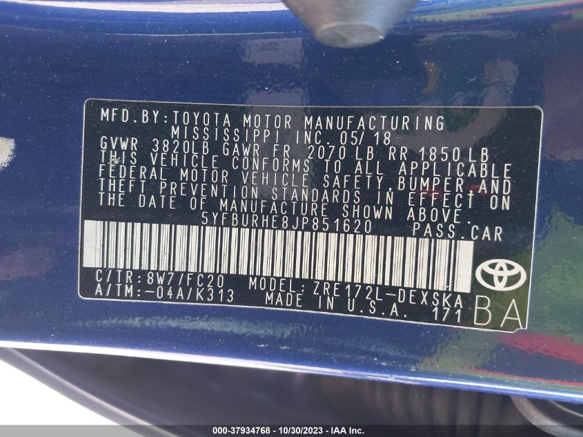 2018 TOYOTA COROLLA L/LE/XLE/SE/XSE - 5YFBURHE8JP851620