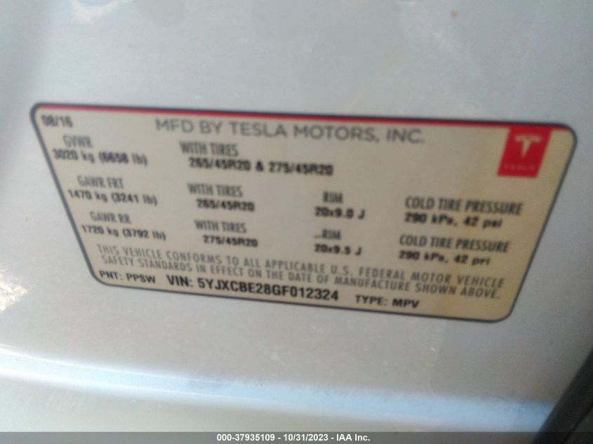 2016 TESLA MODEL X - 5YJXCBE28GF012324