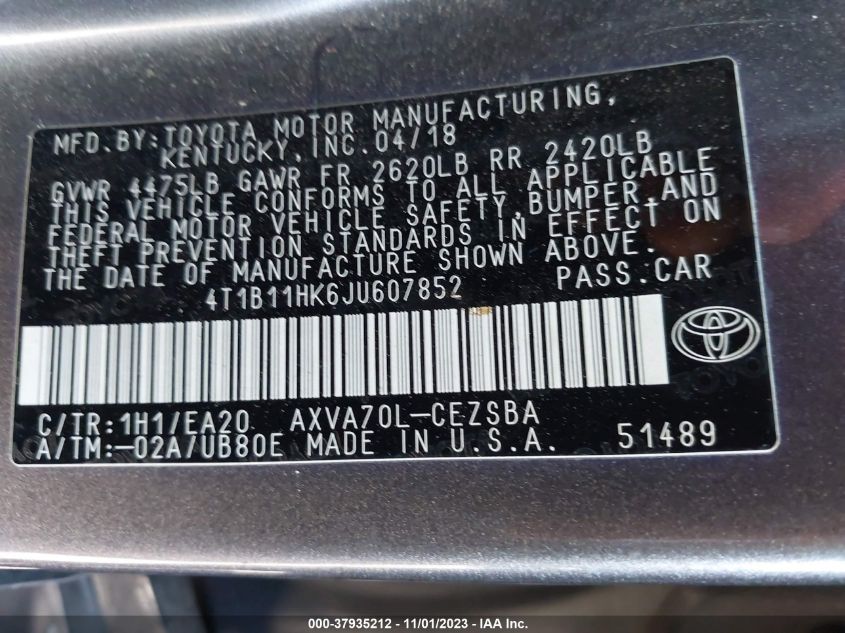 2018 TOYOTA CAMRY LE/SE/XLE/L - 4T1B11HK6JU607852
