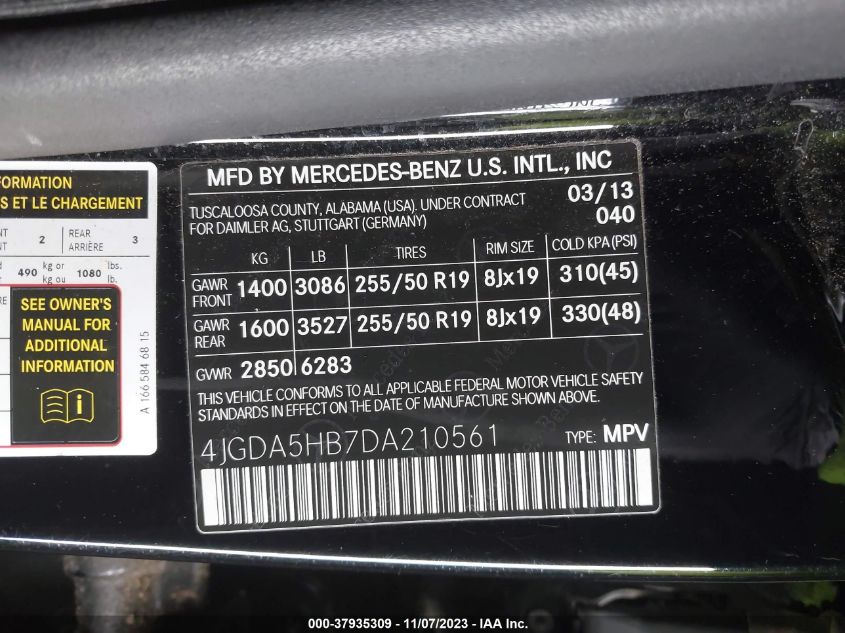 2013 MERCEDES-BENZ M-CLASS ML 350 4JGDA5HB7DA210561