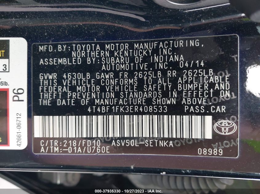 2014 TOYOTA CAMRY L/LE/XLE/SE/SE SPORT - 4T4BF1FK3ER408533
