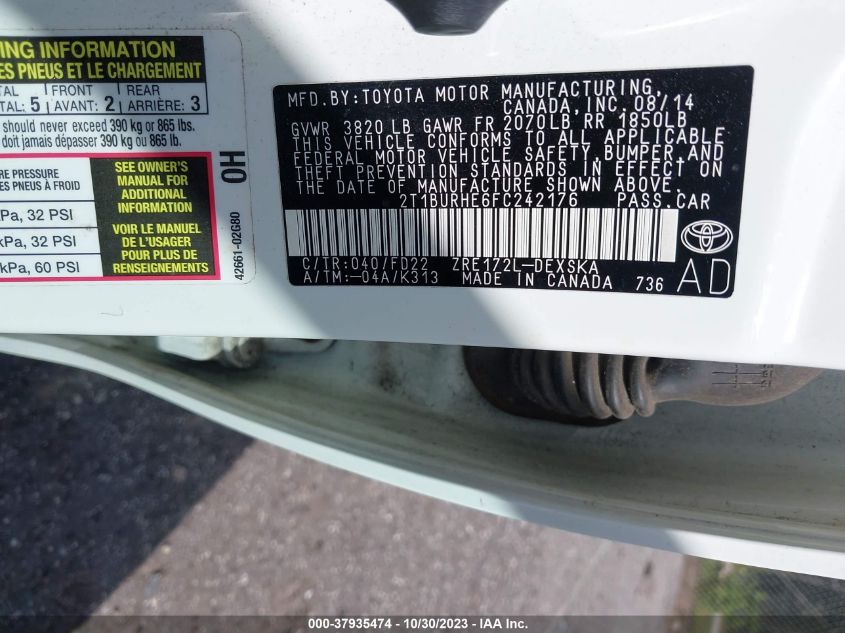 2015 TOYOTA COROLLA L/LE/LE PLS/PRM/S/S PLS - 2T1BURHE6FC242176