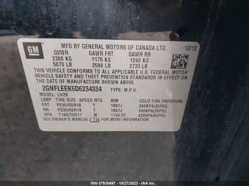 2013 CHEVROLET EQUINOX LT - 2GNFLEEK6D6234334