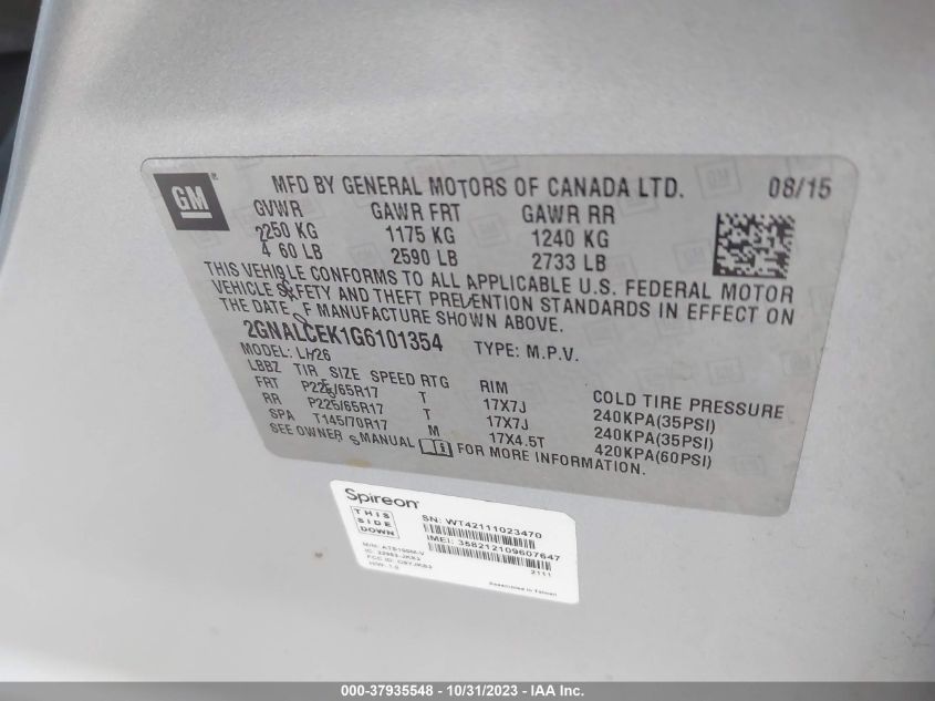 2016 CHEVROLET EQUINOX LT - 2GNALCEK1G6101354