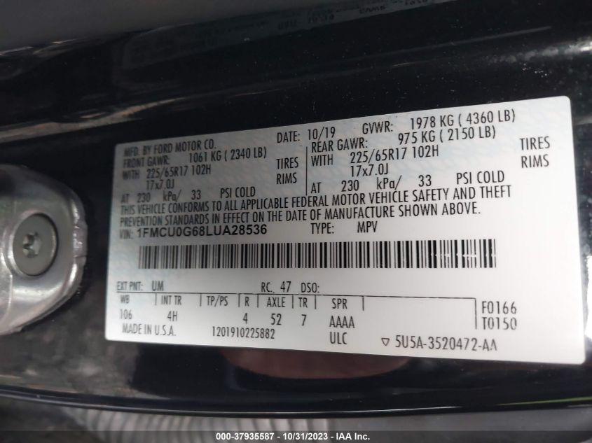 2020 FORD ESCAPE SE - 1FMCU0G68LUA28536