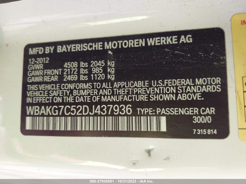 2013 BMW 335I WBAKG7C52DJ437936
