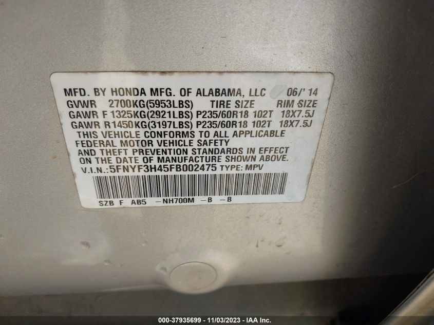 2015 HONDA PILOT EX - 5FNYF3H45FB002475