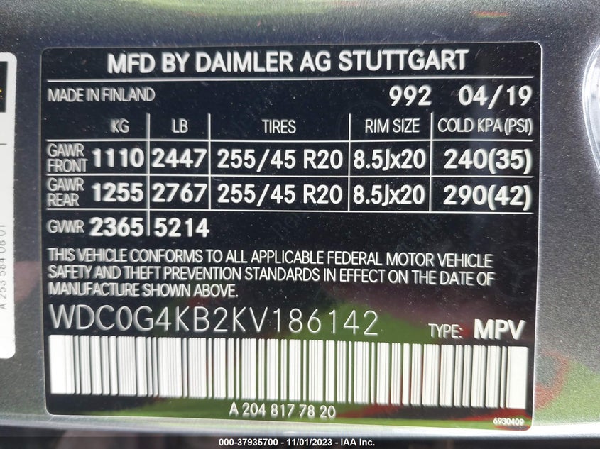 VIN WDC0G4KB2KV186142 2019 MERCEDES-BENZ GLC GLC 300