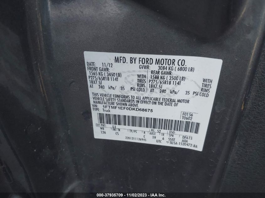 2013 FORD F-150 XL/STX/XLT - 1FTMF1EF0DKD68675
