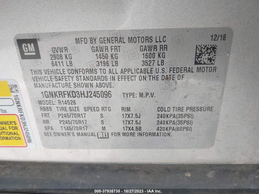 2017 CHEVROLET TRAVERSE LS - 1GNKRFKD3HJ245096