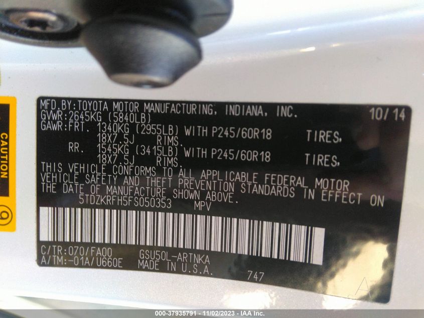 2015 TOYOTA HIGHLANDER LE - 5TDZKRFH5FS050353