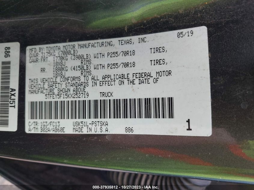2019 TOYOTA TUNDRA SR5 5.7L V8 5TFEY5F15KX252719