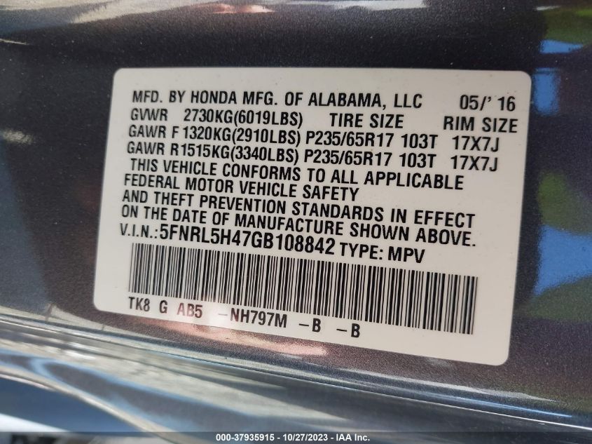 5FNRL5H47GB108842 2016 HONDA ODYSSEY, photo no. 9