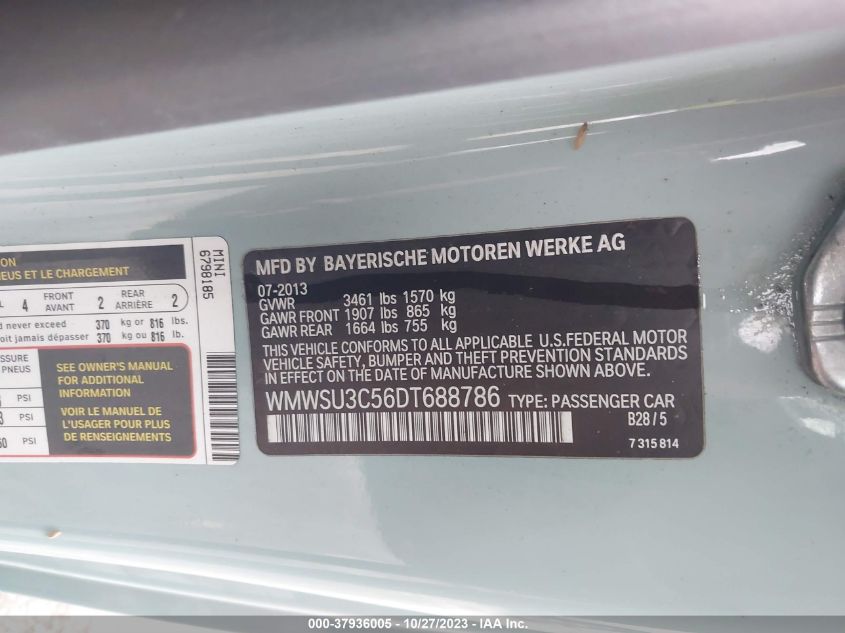 2013 MINI HARDTOP COOPER - WMWSU3C56DT688786