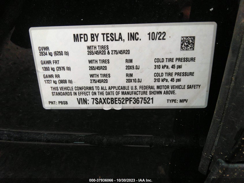 VIN 7SAXCBE52PF367521 2023 TESLA MODEL X