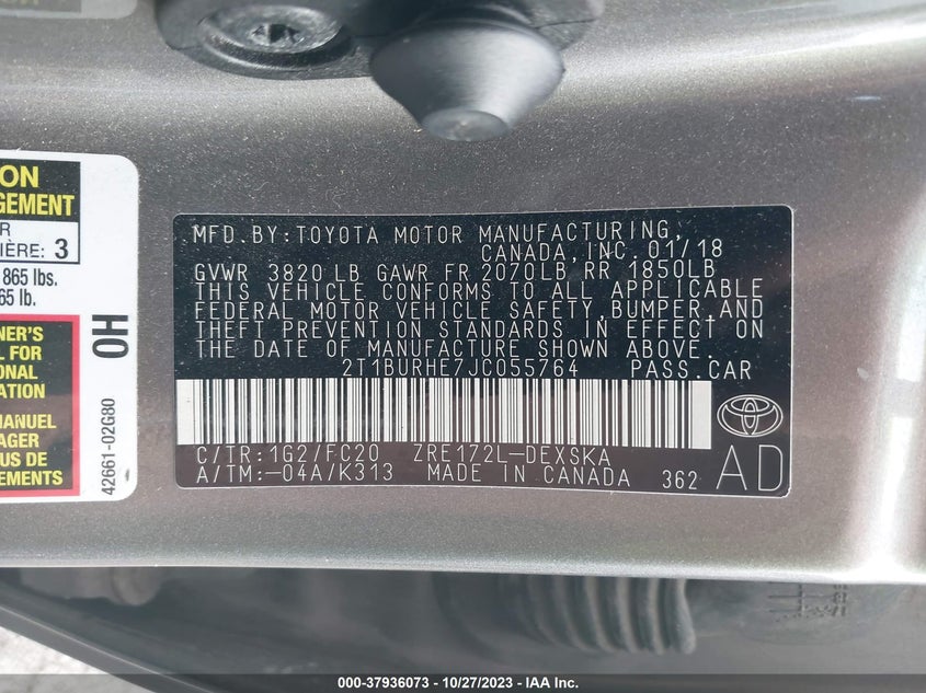 VIN 2T1BURHE7JC055764 2018 TOYOTA COROLLA L/LE/XLE/SE/XSE