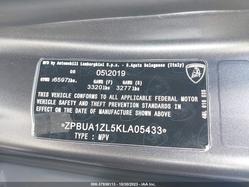 VIN ZPBUA1ZL5KLA05433 2019 LAMBORGHINI URUS