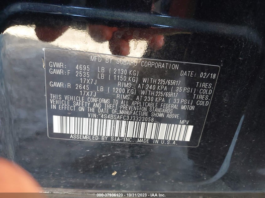 VIN 4S4BSAFC3J3323058 2018 SUBARU OUTBACK 2.5I PREMIUM