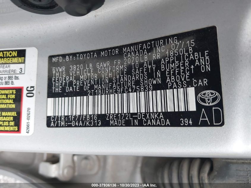 2015 TOYOTA COROLLA L/LE/S/S PLUS/LE PLUS - 2T1BURHE9FC475839