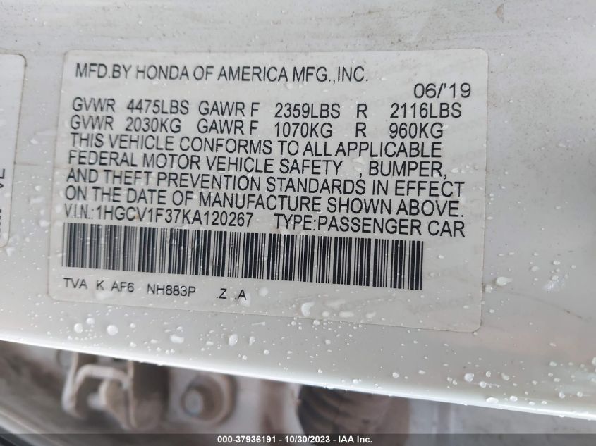 2019 HONDA ACCORD SPORT - 1HGCV1F37KA120267