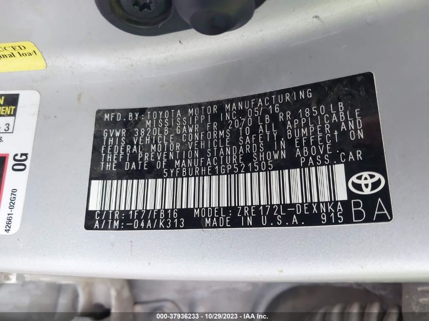 2016 TOYOTA COROLLA L/LE/S/S PLUS/LE PLUS - 5YFBURHE1GP521505