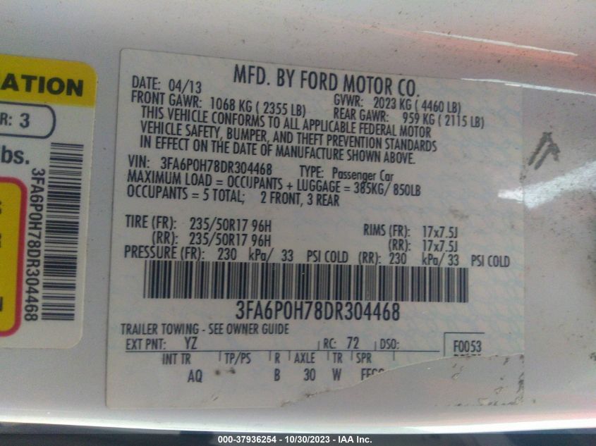 2013 FORD FUSION SE - 3FA6P0H78DR304468