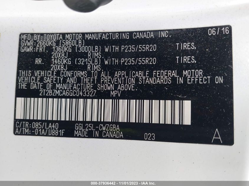 2016 LEXUS RX 350 - 2T2BZMCA6GC043327