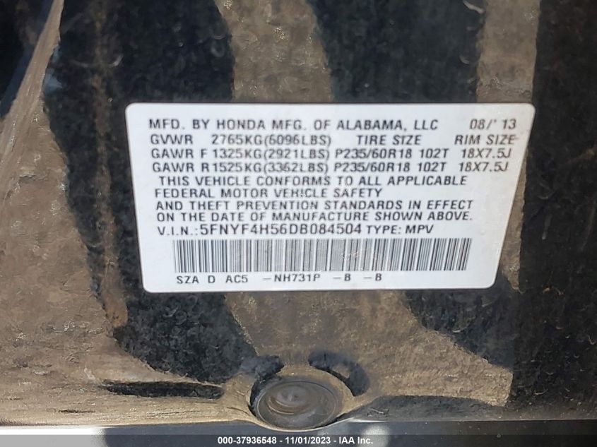 2013 HONDA PILOT EX-L - 5FNYF4H56DB084504
