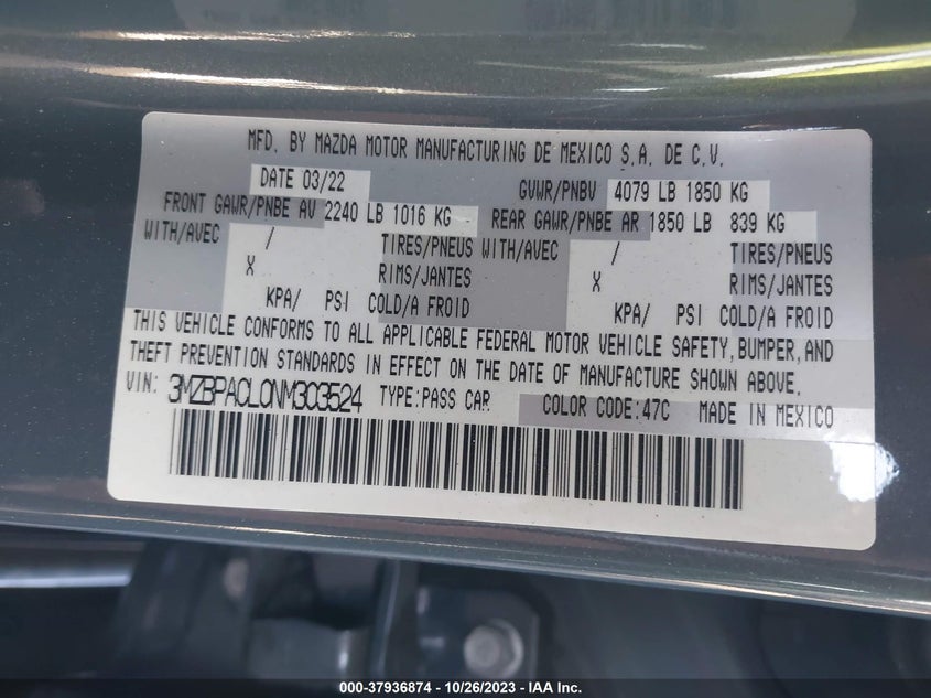 VIN 3MZBPACL0NM303524 2022 MAZDA MAZDA3 SEDAN CARBON EDITION