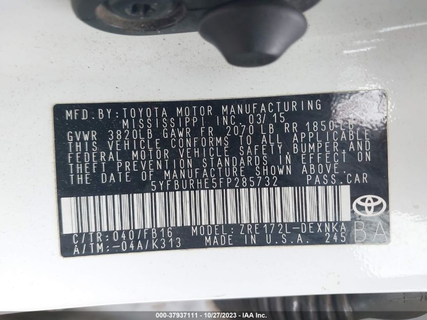 2015 TOYOTA COROLLA L/LE/S/S PLUS/LE PLUS - 5YFBURHE5FP285732