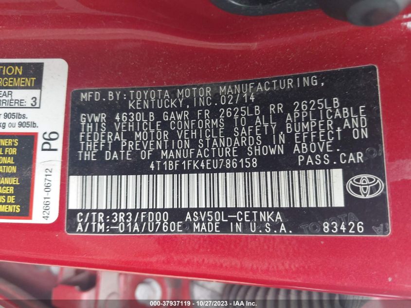 2014 TOYOTA CAMRY L/LE/XLE/SE/SE SPORT - 4T1BF1FK4EU786158
