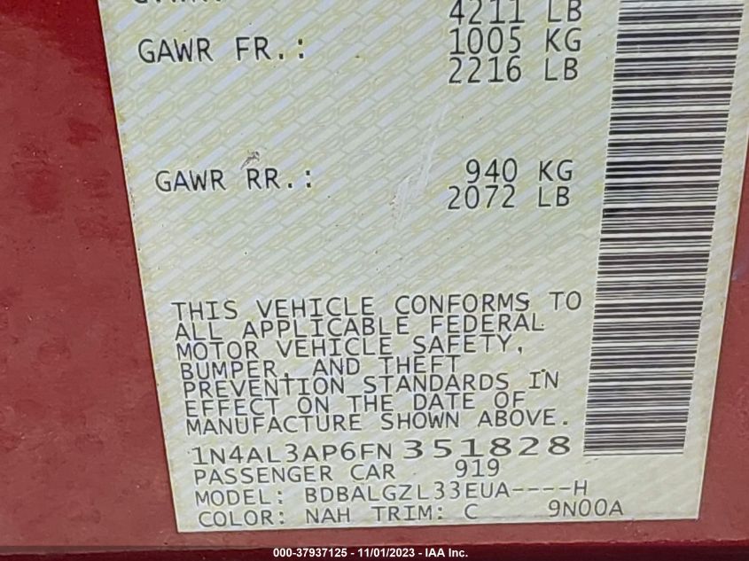 2015 NISSAN ALTIMA 2.5 S - 1N4AL3AP6FN351828
