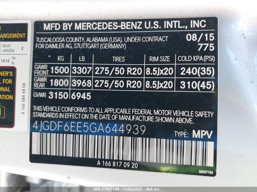 2016 MERCEDES-BENZ GL 450 4MATIC 4JGDF6EE5GA644939