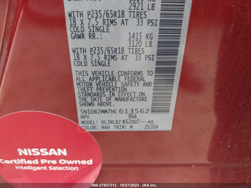 VIN 5N1DR2MM7HC613562 2017 NISSAN PATHFINDER S