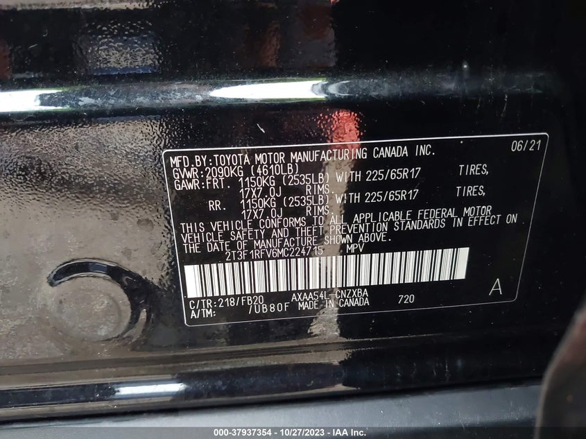 VIN 2T3F1RFV6MC224715 2021 TOYOTA RAV4 LE