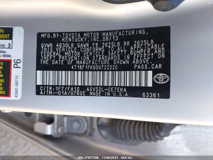 2013 TOYOTA CAMRY L/LE/SE/XLE - 4T1BF1FK6DU722220