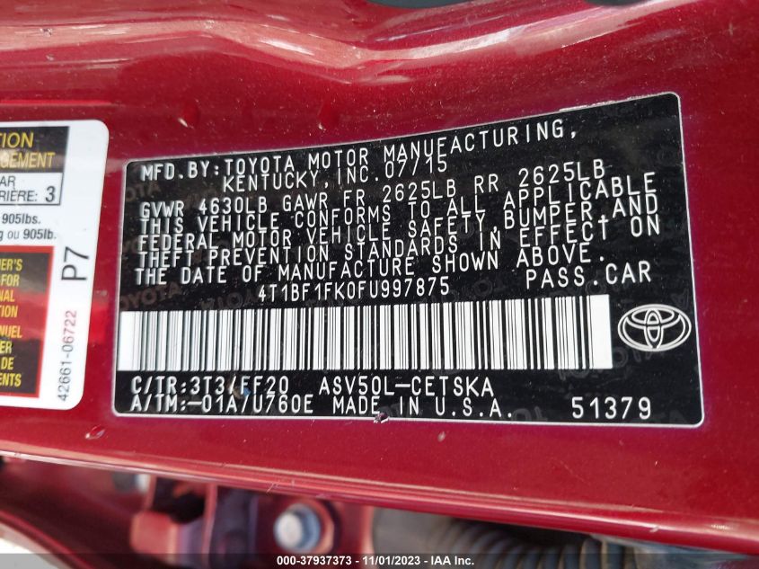 2015 TOYOTA CAMRY LE/XLE/SE/XSE - 4T1BF1FK0FU997875