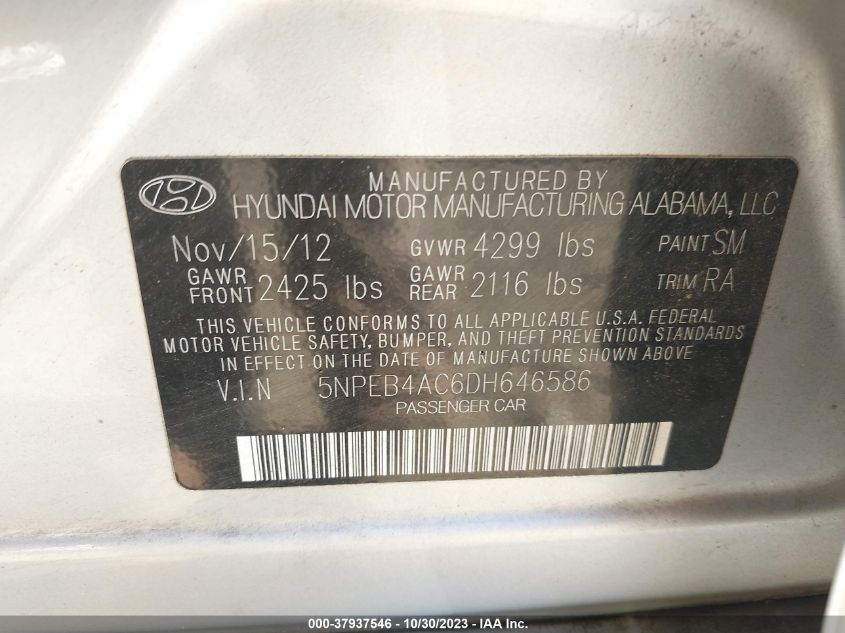 2013 HYUNDAI SONATA GLS - 5NPEB4AC6DH646586