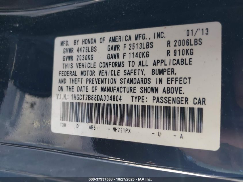 2013 HONDA ACCORD CPE EX-L 1HGCT2B88DA004804