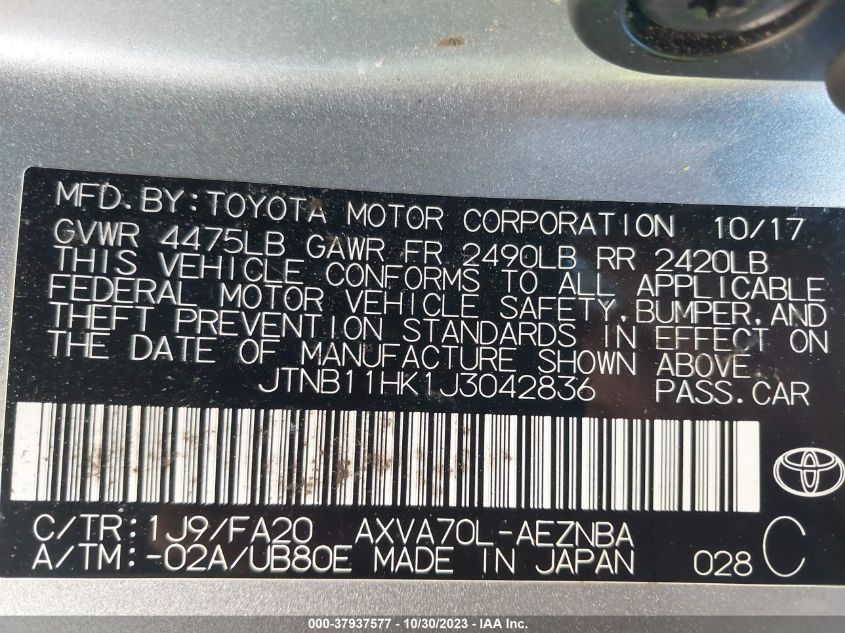 2018 TOYOTA CAMRY L/LE/XLE/SE/XSE - JTNB11HK1J3042836